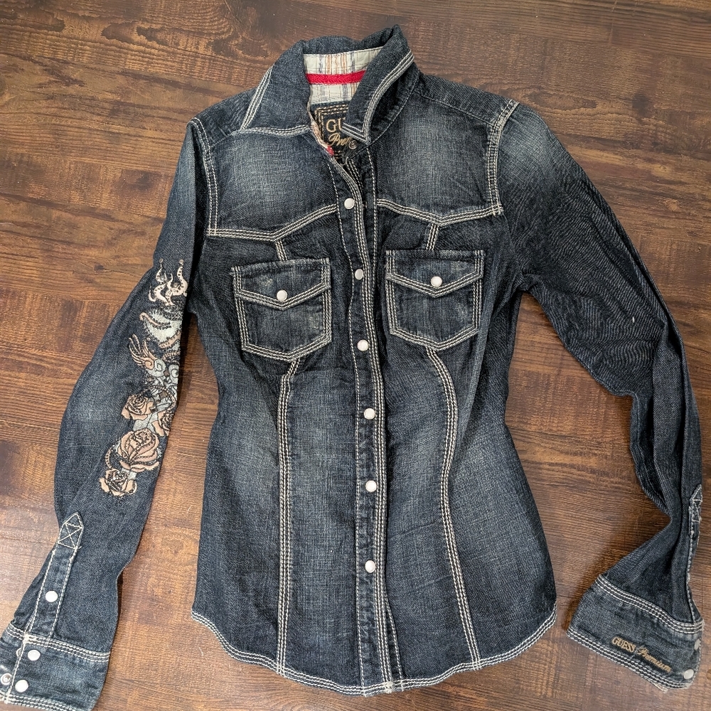 Guess Dark Wash Denim Western Shirt with Embroidered Sleeve